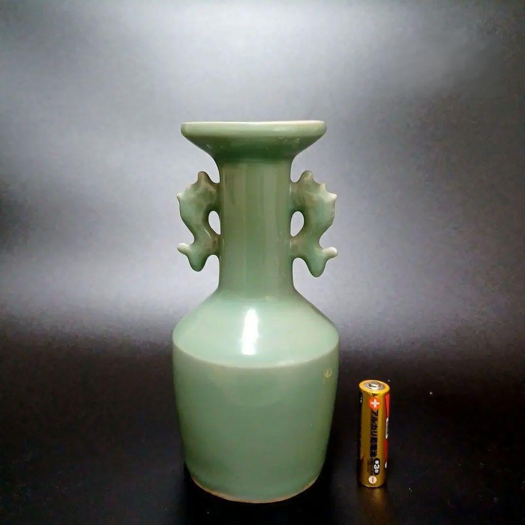龍泉窯双耳花生 龍泉窯双耳花生 中国 龍泉窯青磁 双獣耳花瓶 時代箱 V